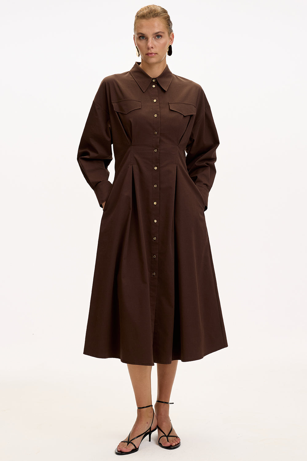 Brown Regular Fit Midi Dress with Shirt Collar, Long Sleeves, Buttons, and Pockets