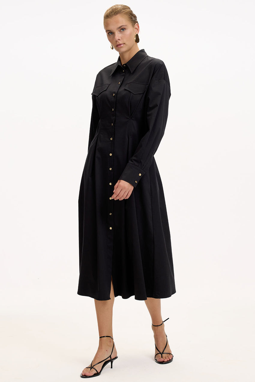 Black Regular Fit Midi Dress with Shirt Collar, Long Sleeves, Buttons, and Pockets