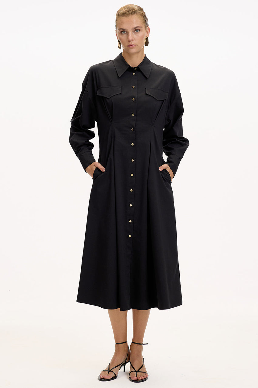 Black Regular Fit Midi Dress with Shirt Collar, Long Sleeves, Buttons, and Pockets