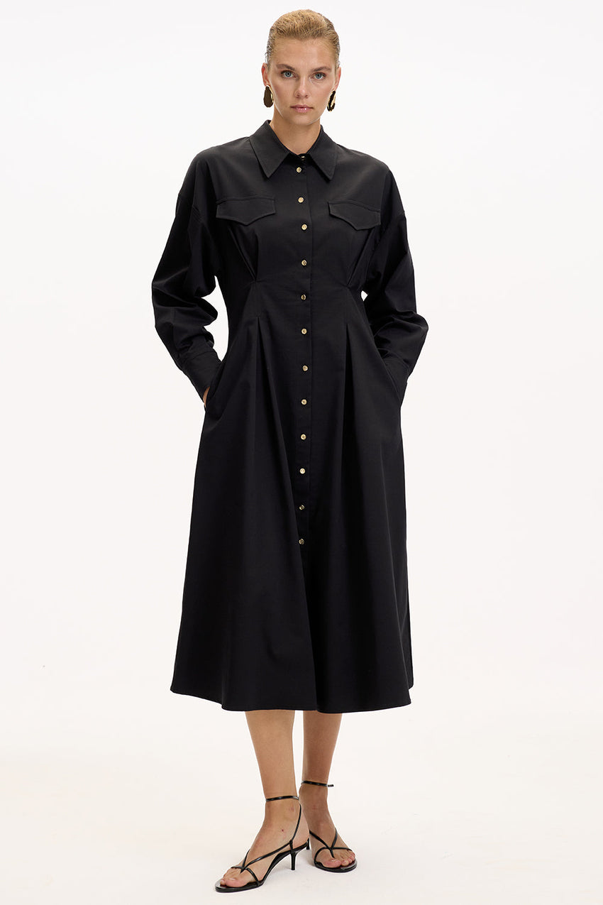 Black Regular Fit Midi Dress with Shirt Collar, Long Sleeves, Buttons, and Pockets