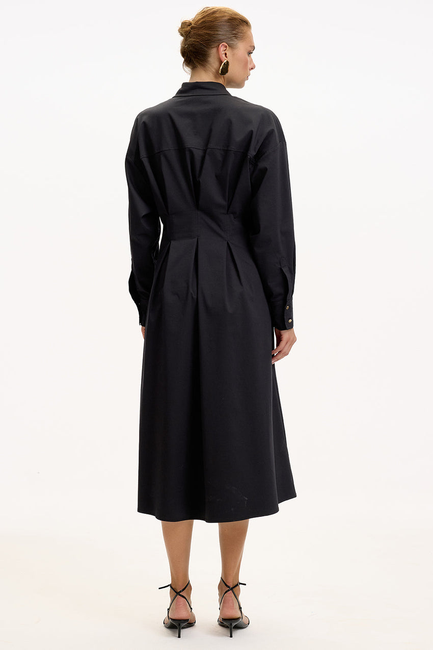 Black Regular Fit Midi Dress with Shirt Collar, Long Sleeves, Buttons, and Pockets