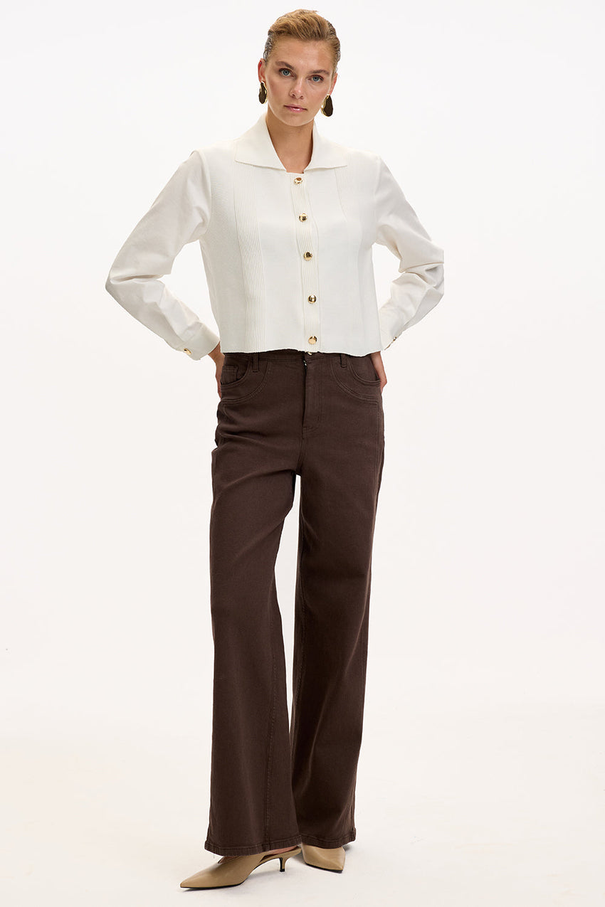 Bone Regular Fit Poplin Shirt with Long Sleeves and Knit Panel Details