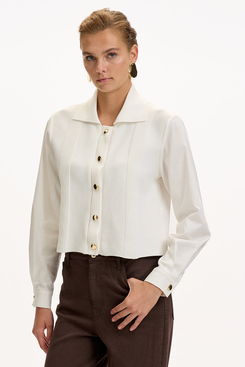Bone Regular Fit Poplin Shirt with Long Sleeves and Knit Panel Details