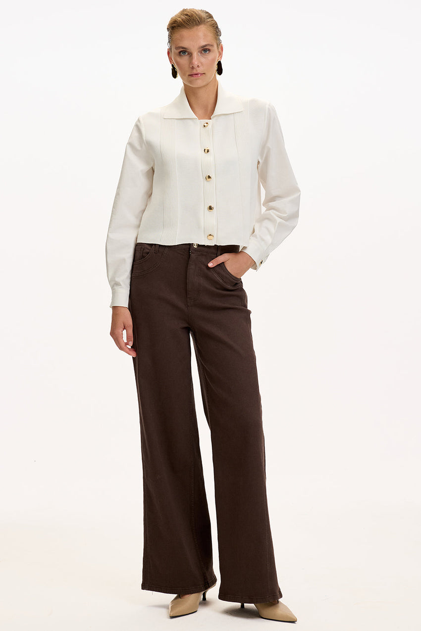 Bone Regular Fit Poplin Shirt with Long Sleeves and Knit Panel Details