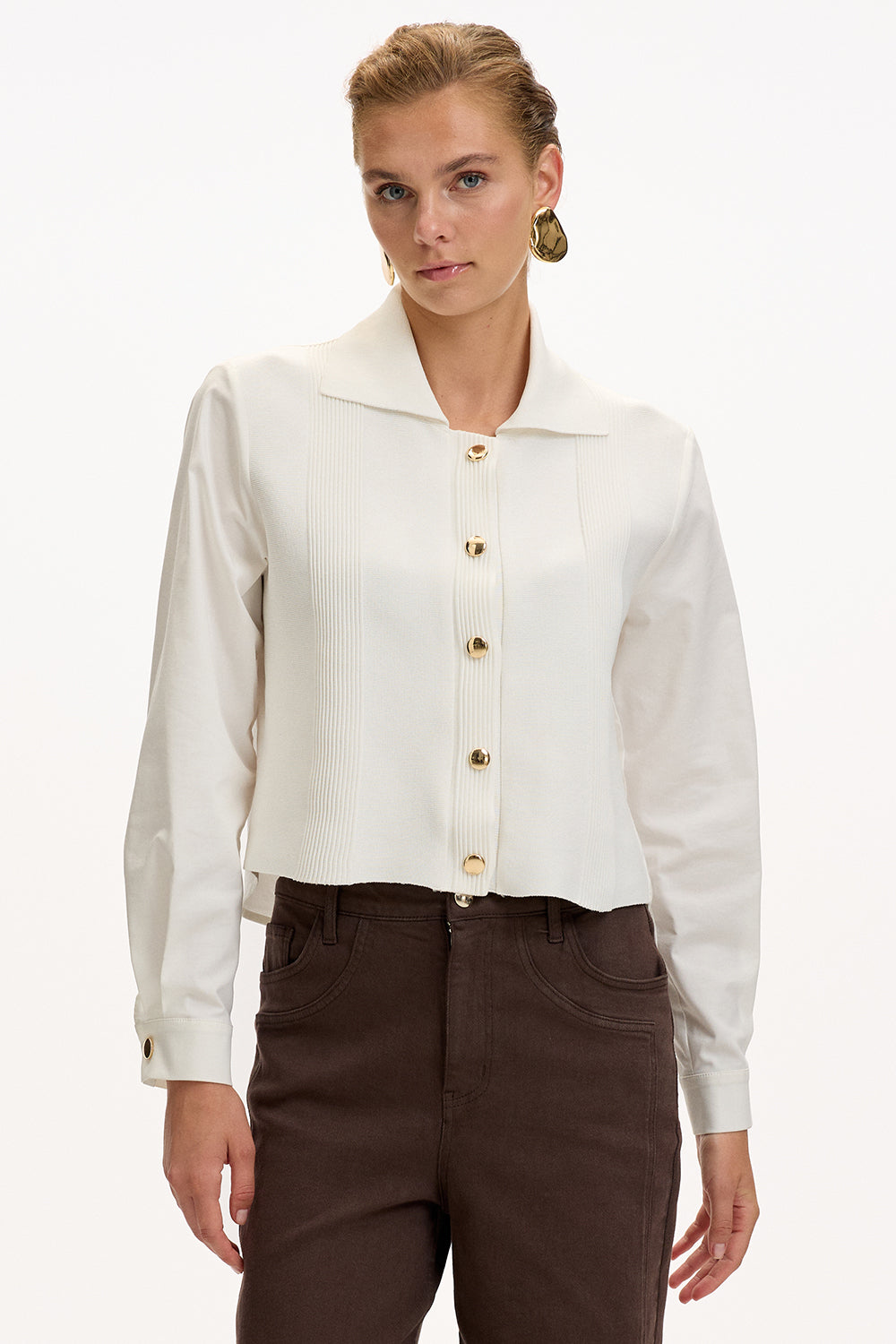 Bone Regular Fit Poplin Shirt with Long Sleeves and Knit Panel Details
