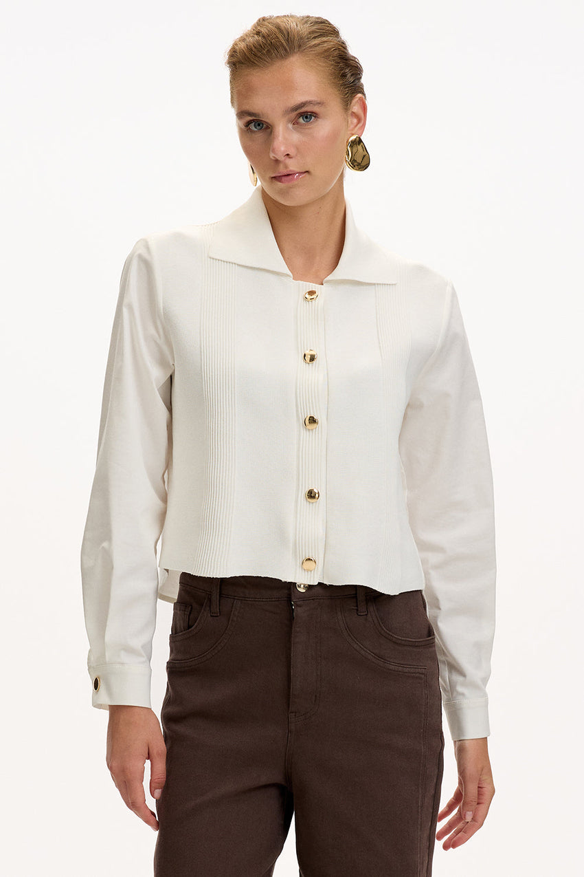 Bone Regular Fit Poplin Shirt with Long Sleeves and Knit Panel Details