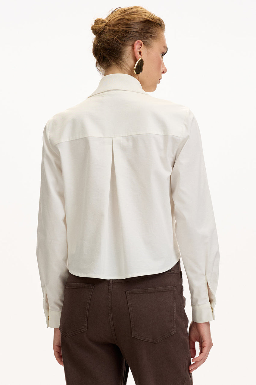 Bone Regular Fit Poplin Shirt with Long Sleeves and Knit Panel Details
