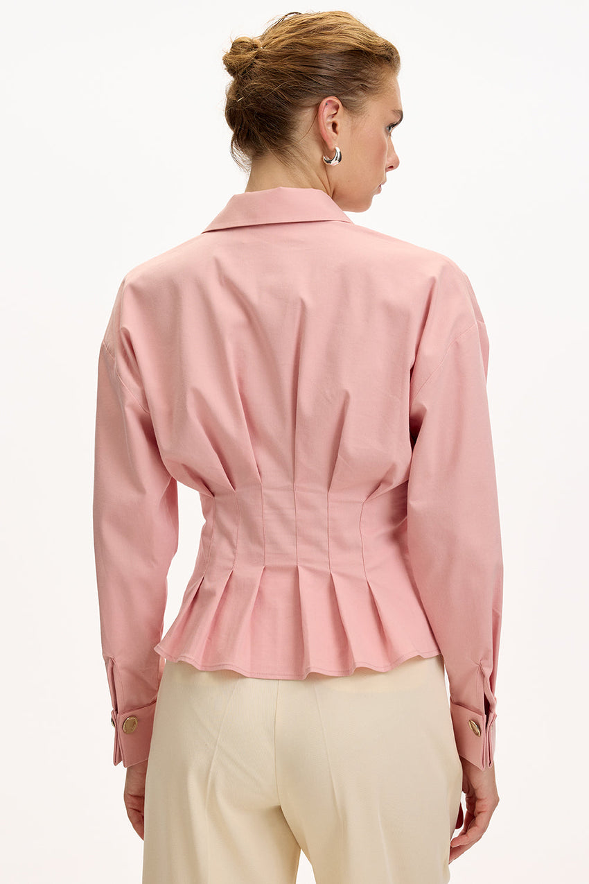 Dusty Rose Poplin Shirt with Long Sleeves, Fitted Waist, and Pleated Details