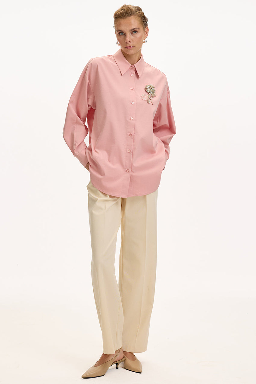 Dusty Rose Regular Fit Shirt with Long Sleeves and Floral Stone Embellishments
