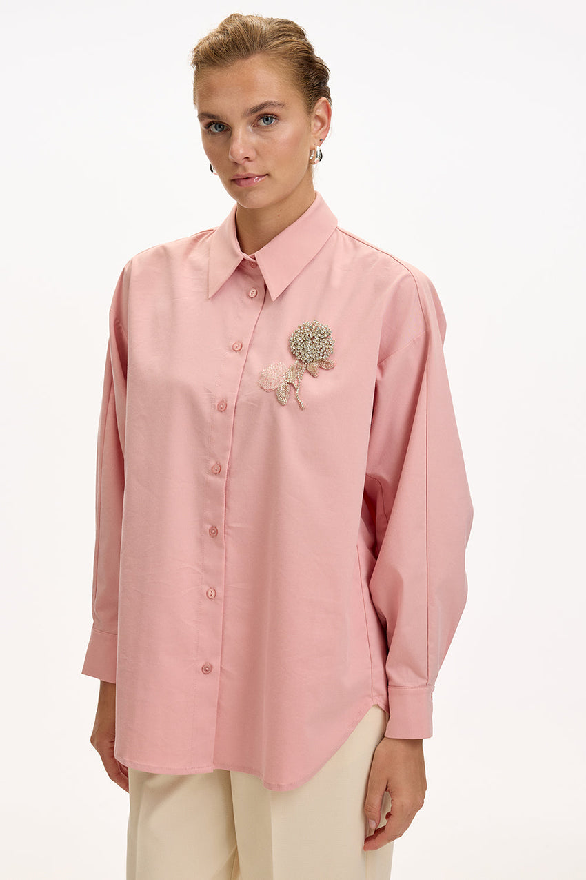 Dusty Rose Regular Fit Shirt with Long Sleeves and Floral Stone Embellishments