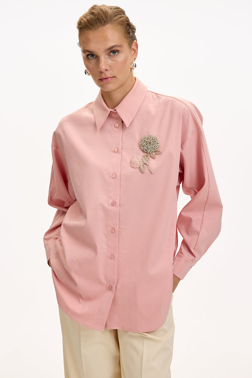 Dusty Rose Regular Fit Shirt with Long Sleeves and Floral Stone Embellishments