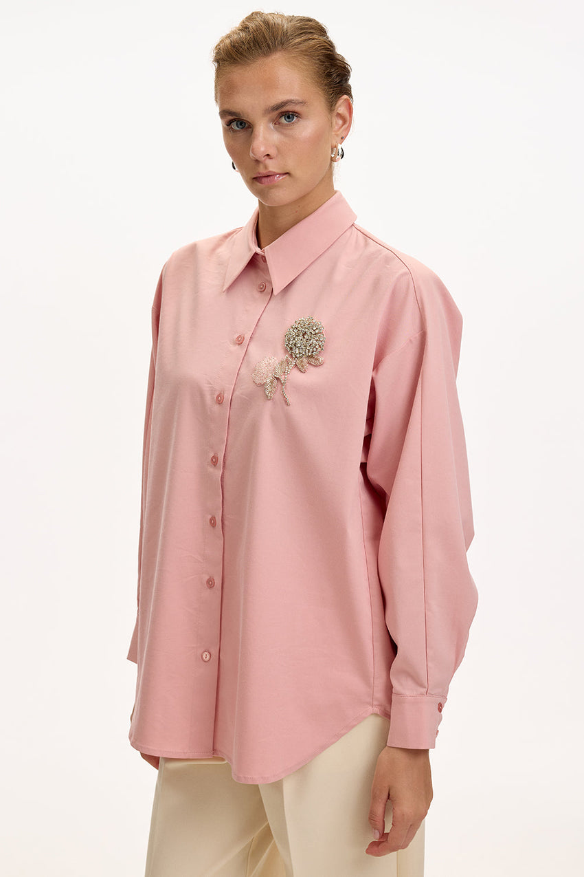Dusty Rose Regular Fit Shirt with Long Sleeves and Floral Stone Embellishments
