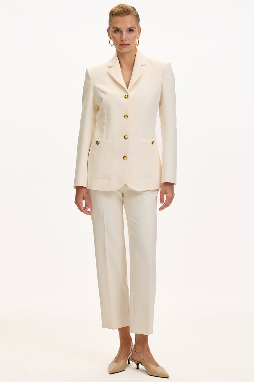 Cream Slim Fit Blazer with Shoulder Pads, Lining, and Pockets