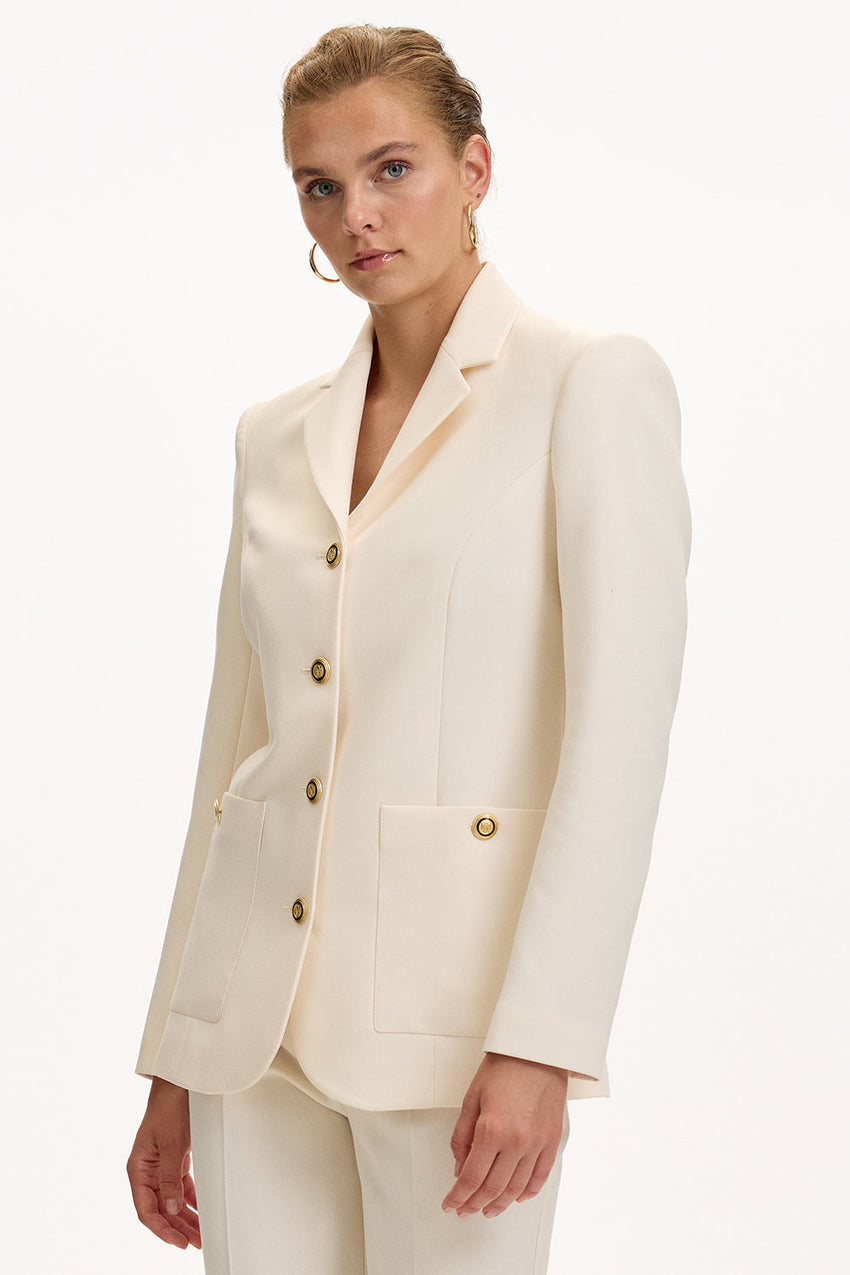 Cream Slim Fit Blazer with Shoulder Pads, Lining, and Pockets