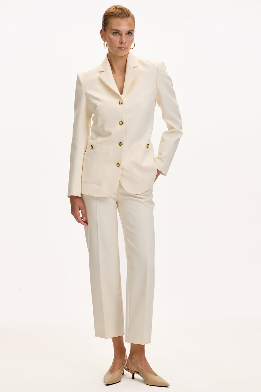 Cream Slim Fit Blazer with Shoulder Pads, Lining, and Pockets