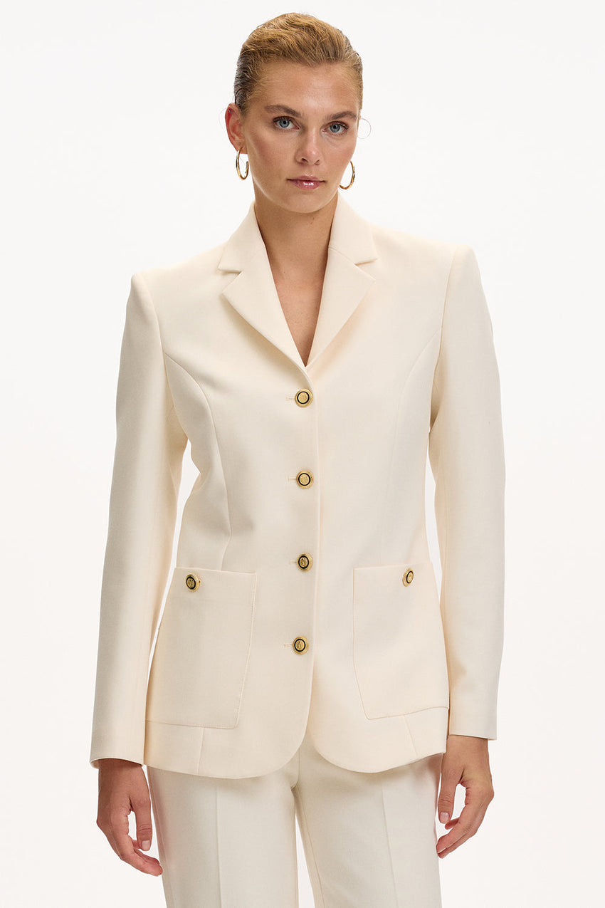 Cream Slim Fit Blazer with Shoulder Pads, Lining, and Pockets