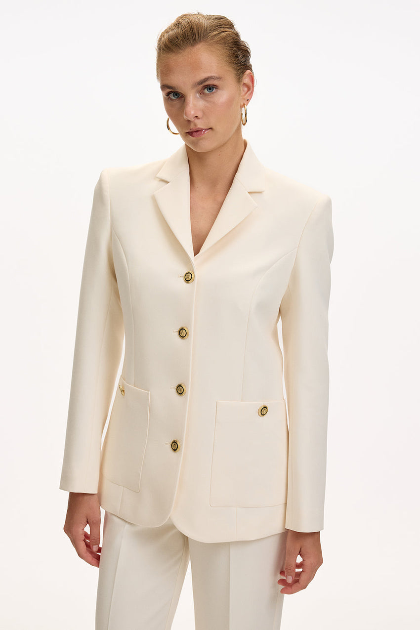 Cream Slim Fit Blazer with Shoulder Pads, Lining, and Pockets