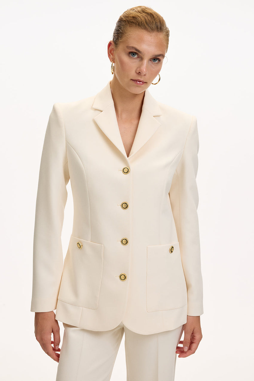 Cream Slim Fit Blazer with Shoulder Pads, Lining, and Pockets