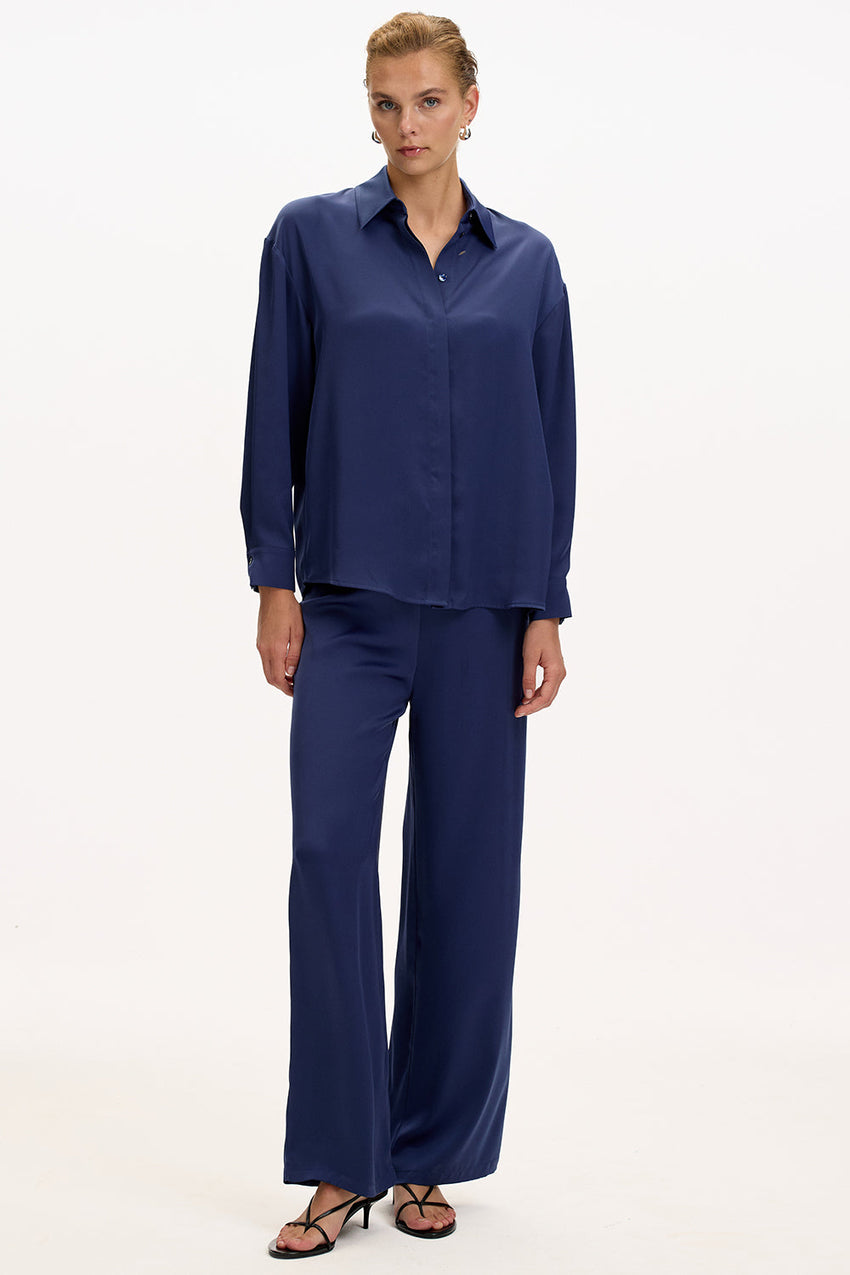 Navy Blue Regular Fit Shirt with Long Sleeves, Classic Collar, and Buttons