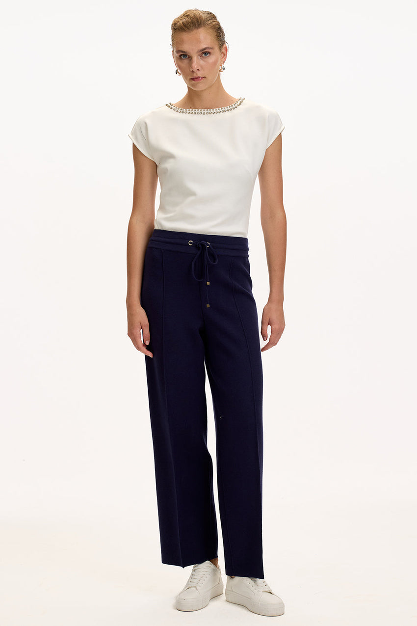 Navy Blue Regular Fit Knitted Trousers with Drawstring Waist