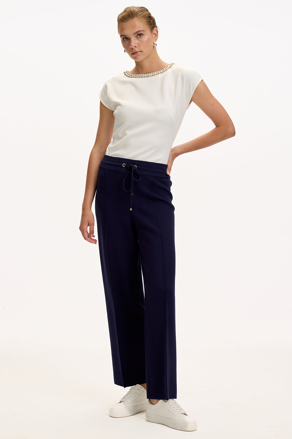 Navy Blue Regular Fit Knitted Trousers with Drawstring Waist