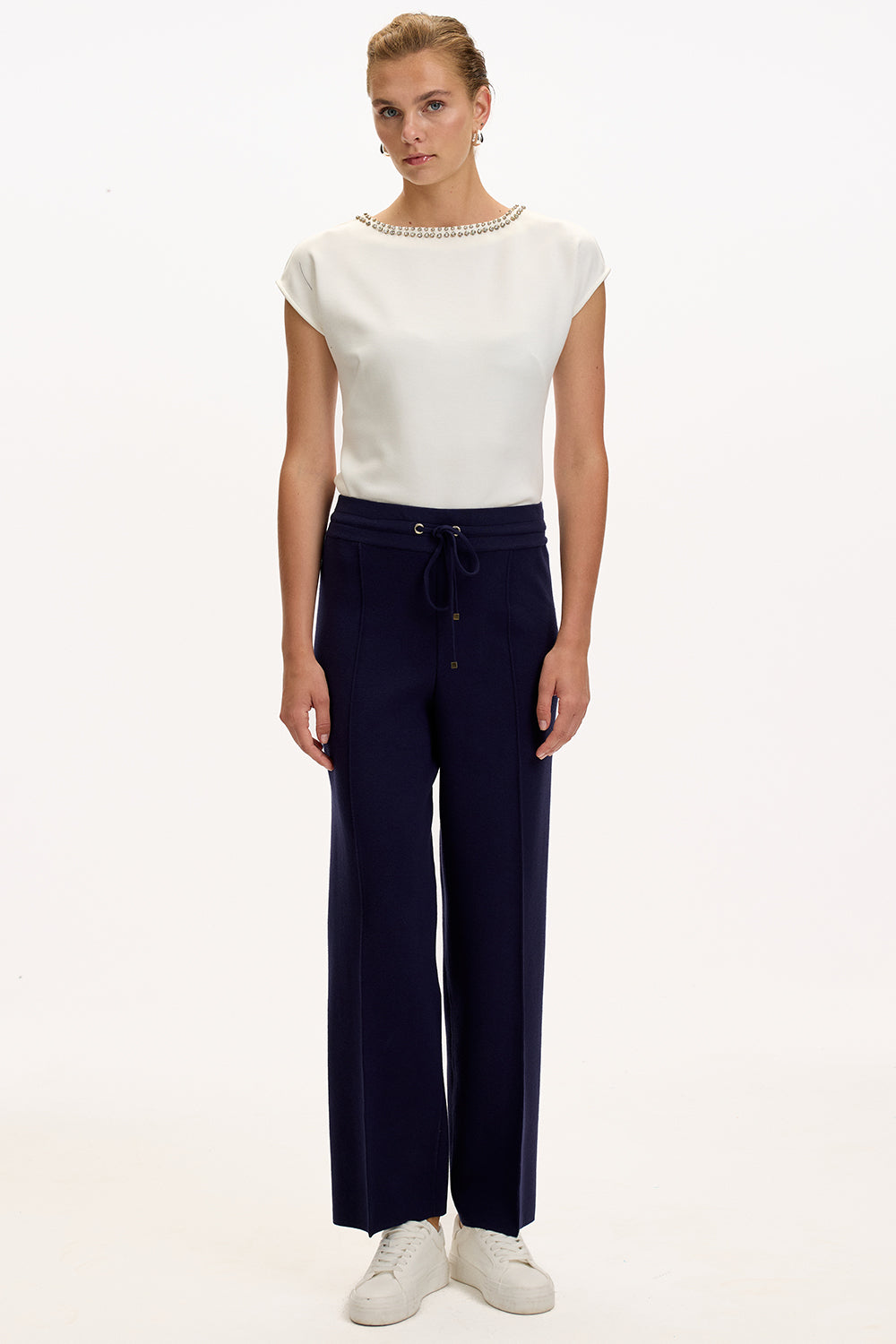 Navy Blue Regular Fit Knitted Trousers with Drawstring Waist