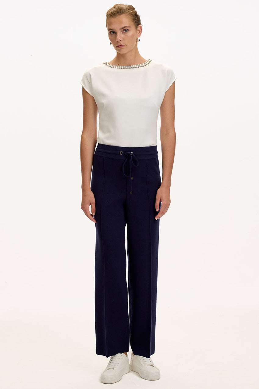 Navy Blue Regular Fit Knitted Trousers with Drawstring Waist