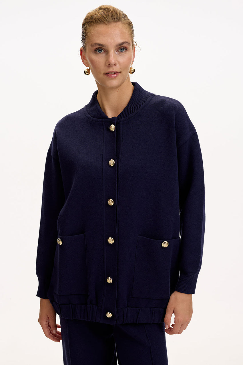Navy Blue Oversize Knit Cardigan with Crew Neck, Pockets, and Gold Buttons