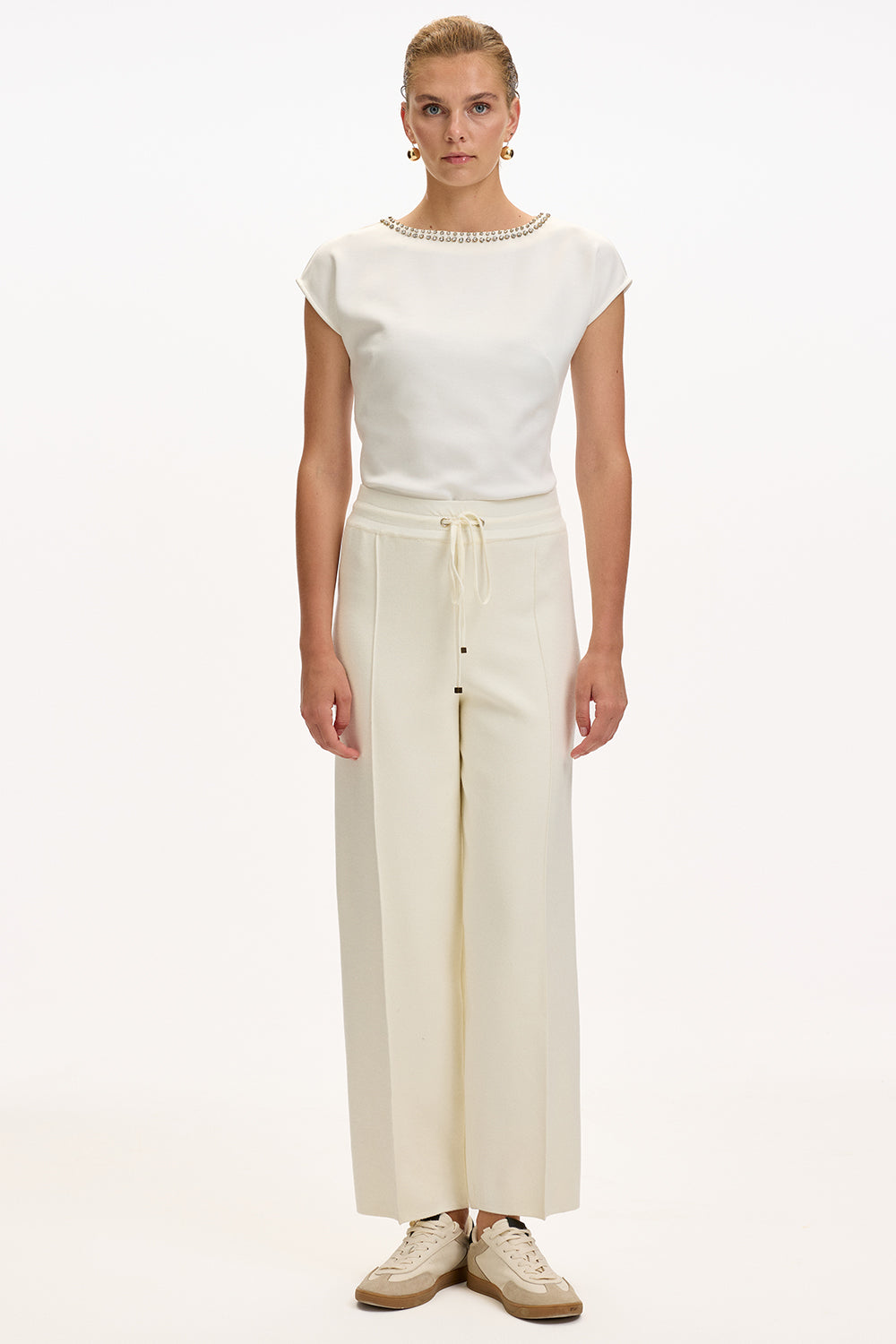 Ecru Regular Fit Knitted Trousers with Drawstring Waist