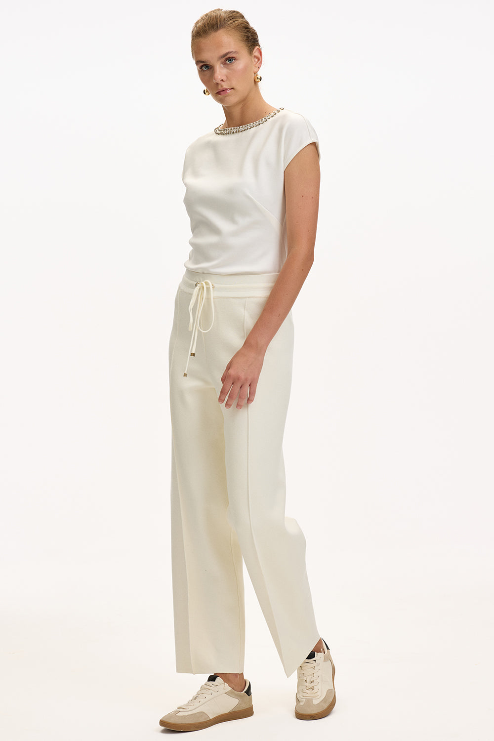 Ecru Regular Fit Knitted Trousers with Drawstring Waist
