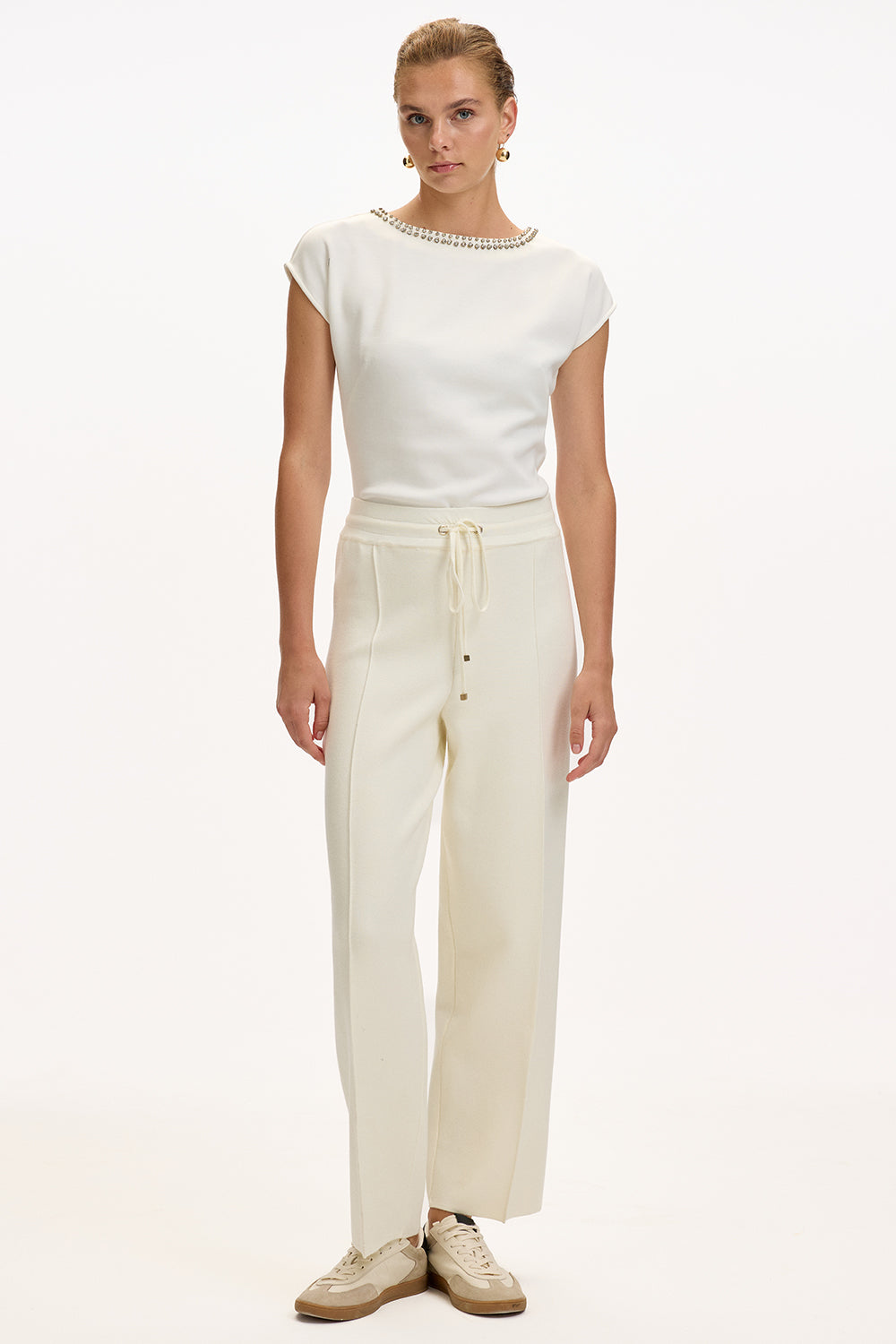 Ecru Regular Fit Knitted Trousers with Drawstring Waist