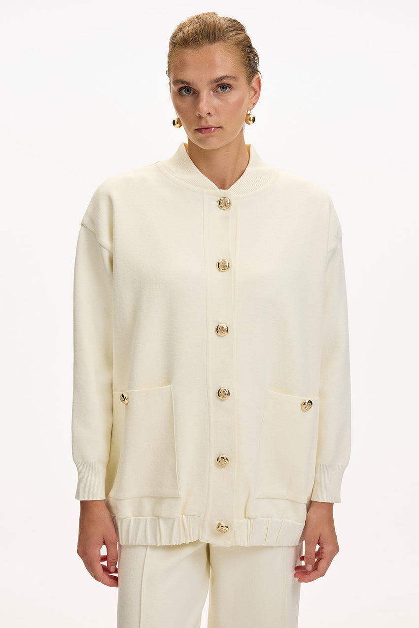 Ecru Oversize Knit Cardigan with Crew Neck, Pockets, and Gold Buttons