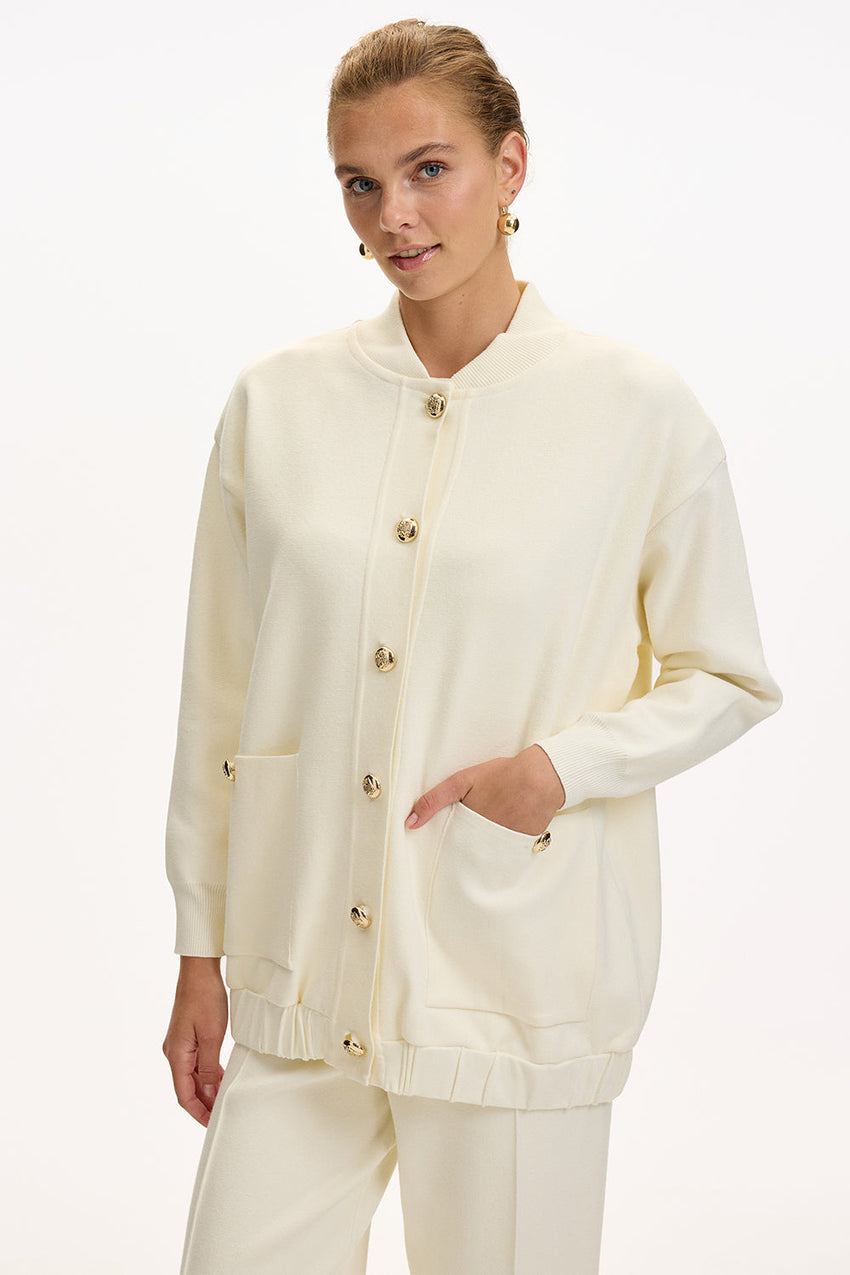 Ecru Oversize Knit Cardigan with Crew Neck, Pockets, and Gold Buttons