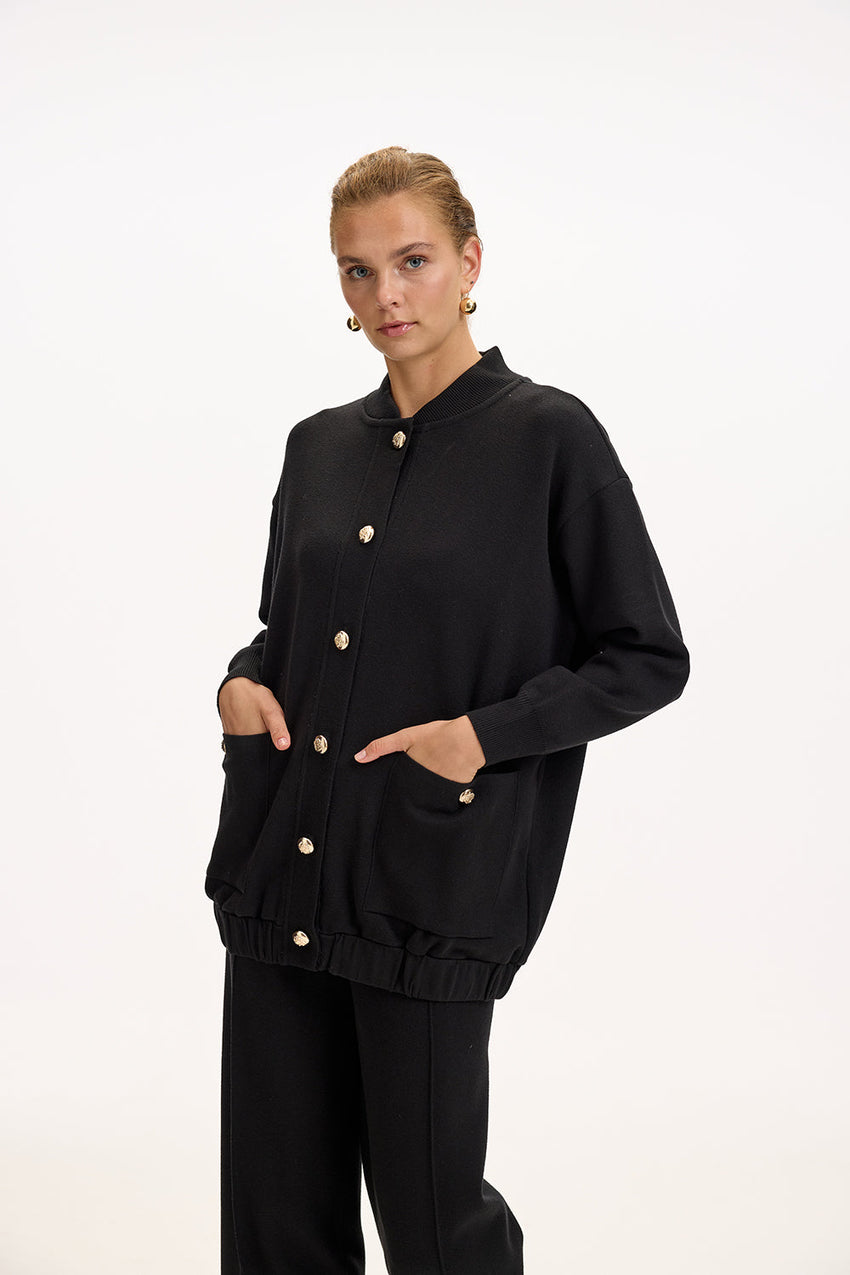 Black Oversize Knit Cardigan with Crew Neck, Pockets, and Gold Buttons