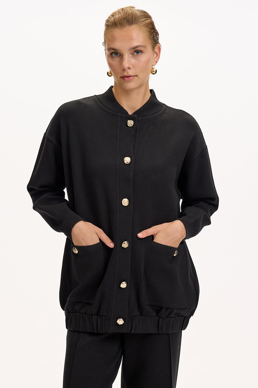 Black Oversize Knit Cardigan with Crew Neck, Pockets, and Gold Buttons