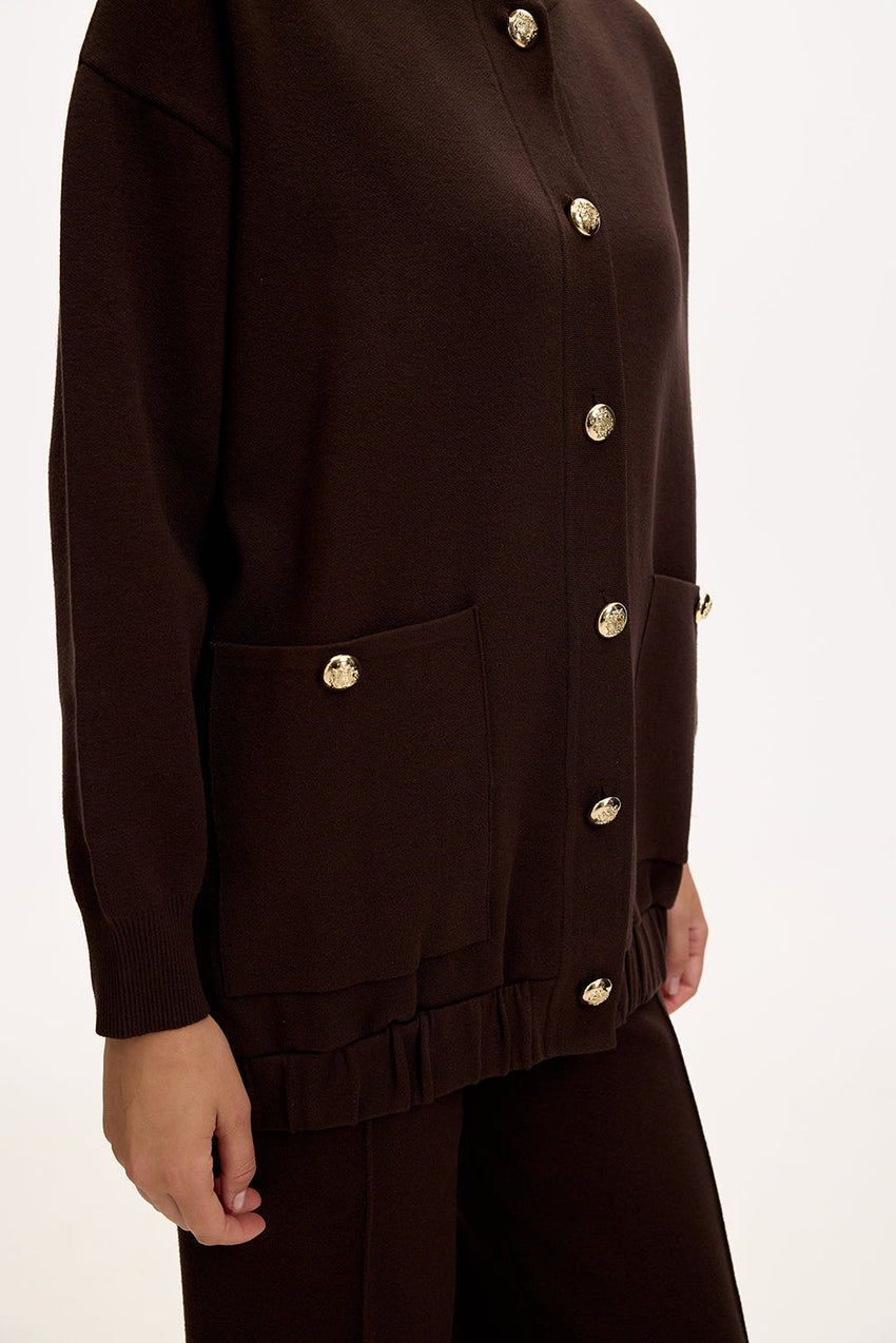 Brown Oversize Knit Cardigan with Crew Neck, Pockets, and Gold Buttons