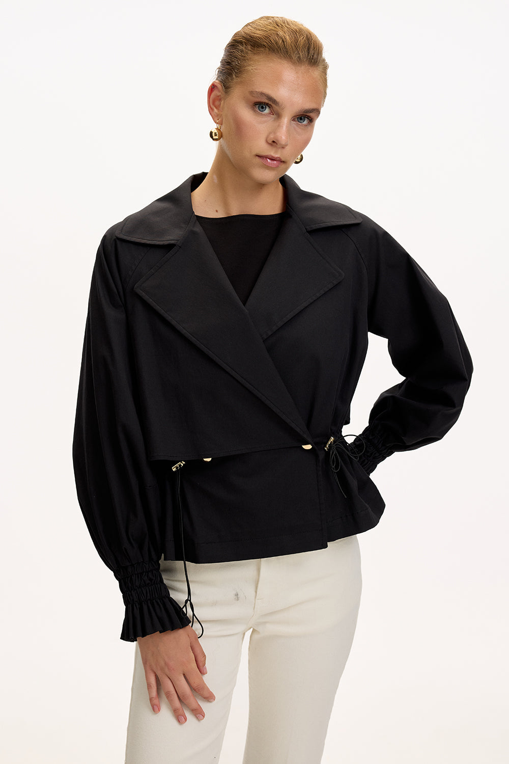 Black Regular Fit Cotton Jacket with Shirt Collar, Raglan Sleeves, and Lining