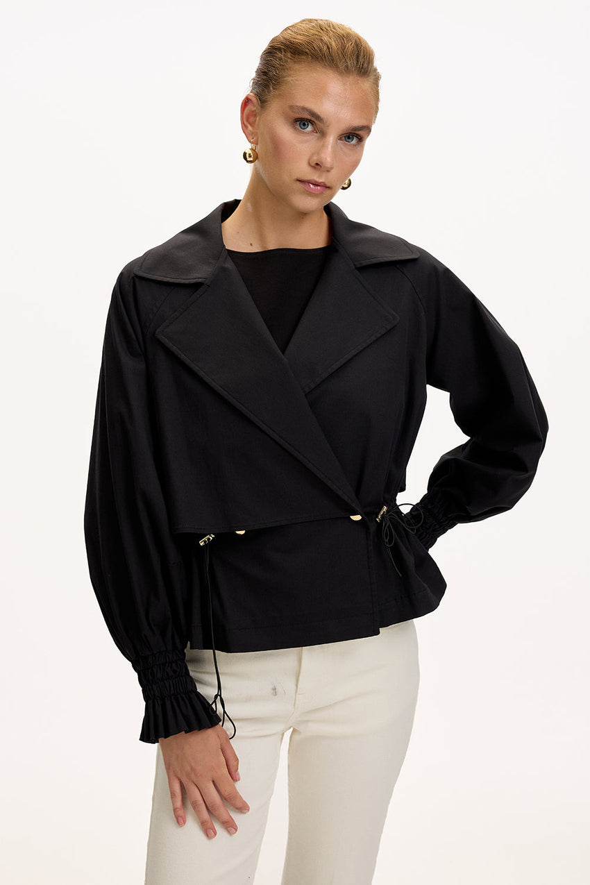 Black Regular Fit Cotton Jacket with Shirt Collar, Raglan Sleeves, and Lining
