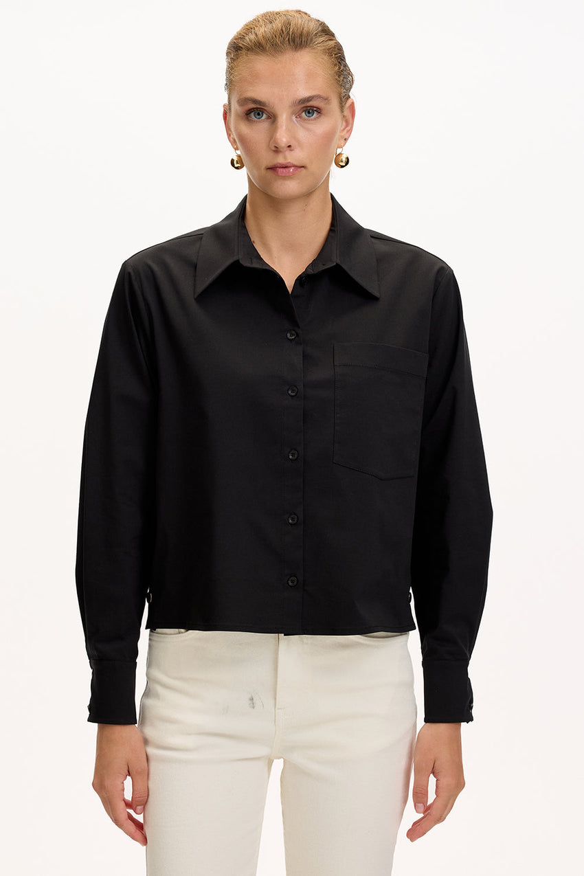 Black Regular Fit Shirt with Long Sleeves, Pockets, and Snap Button Details