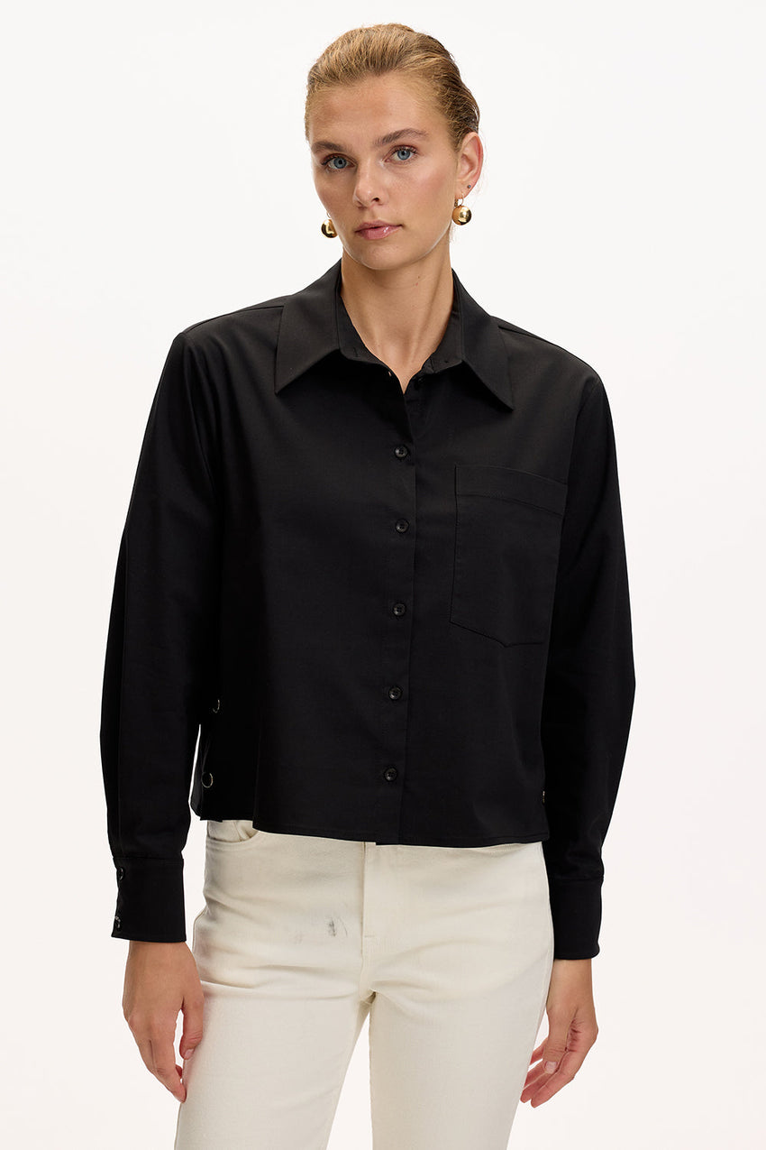 Black Regular Fit Shirt with Long Sleeves, Pockets, and Snap Button Details