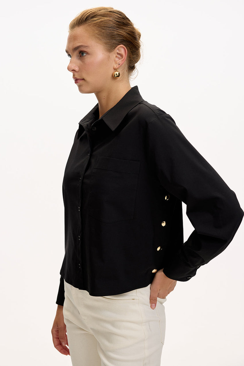 Black Regular Fit Shirt with Long Sleeves, Pockets, and Snap Button Details