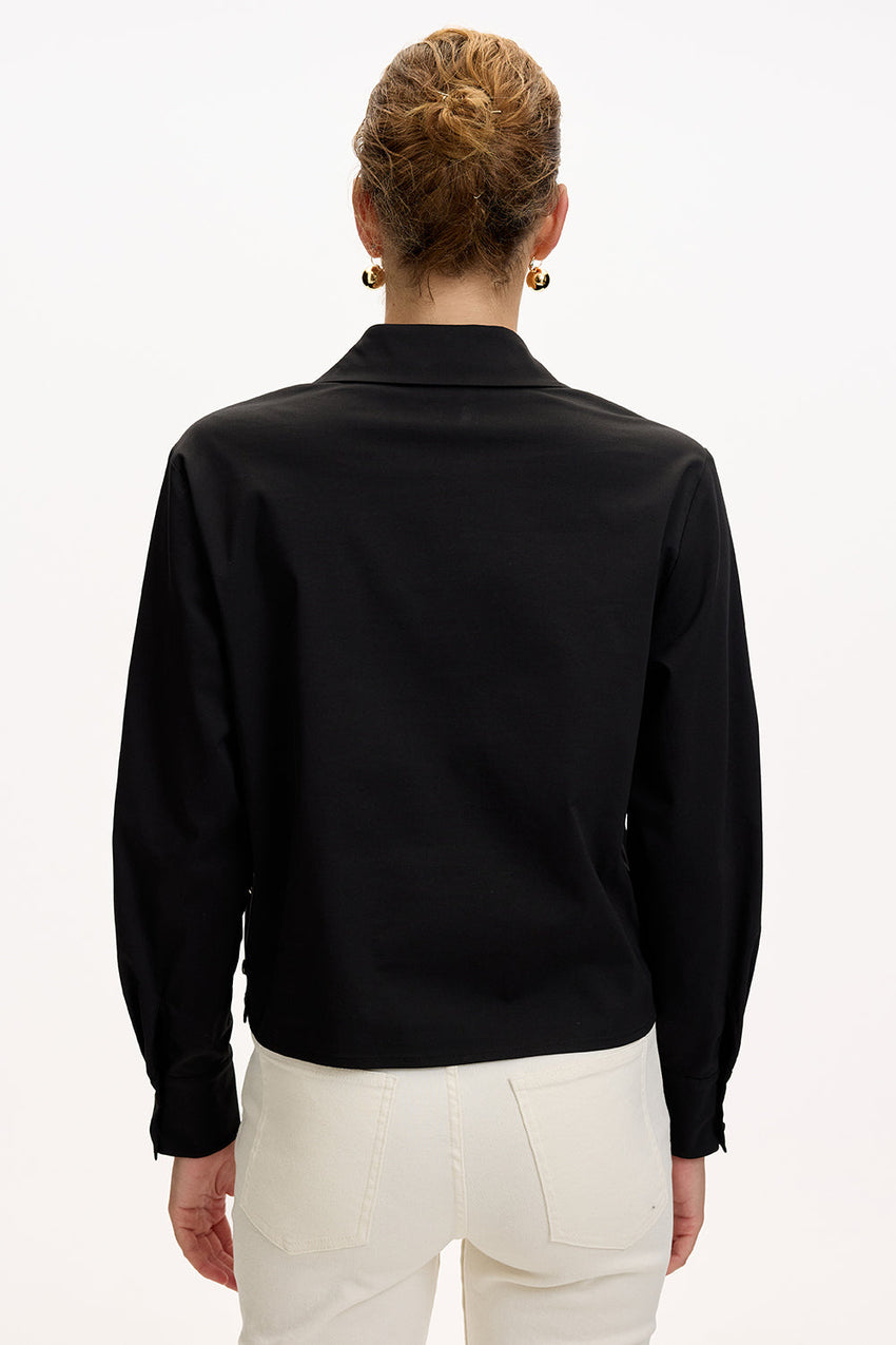 Black Regular Fit Shirt with Long Sleeves, Pockets, and Snap Button Details
