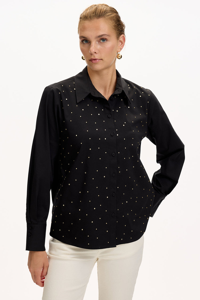 Black Regular Fit Plaid Shirt with Long Sleeves and Stone Details