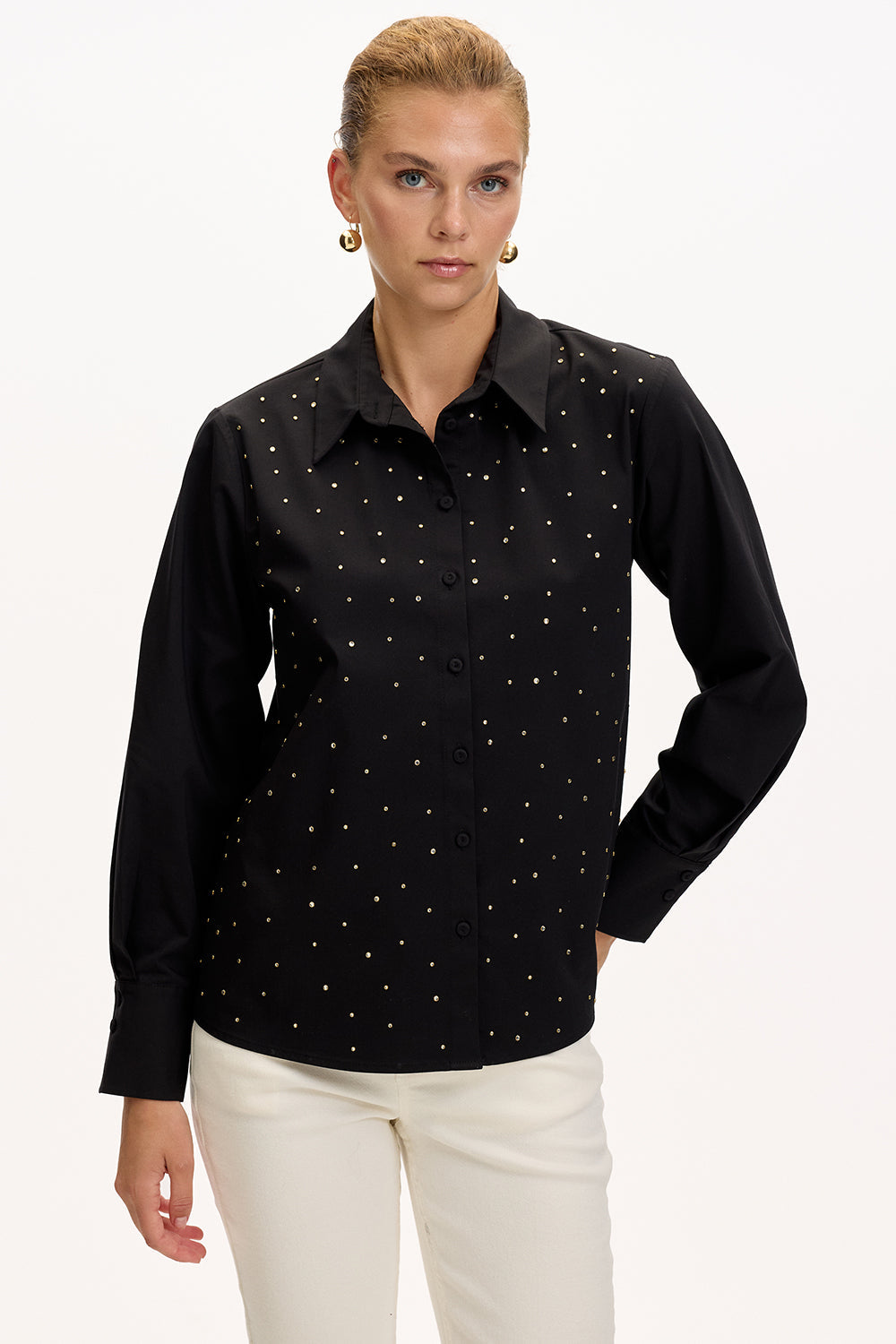 Black Regular Fit Plaid Shirt with Long Sleeves and Stone Details