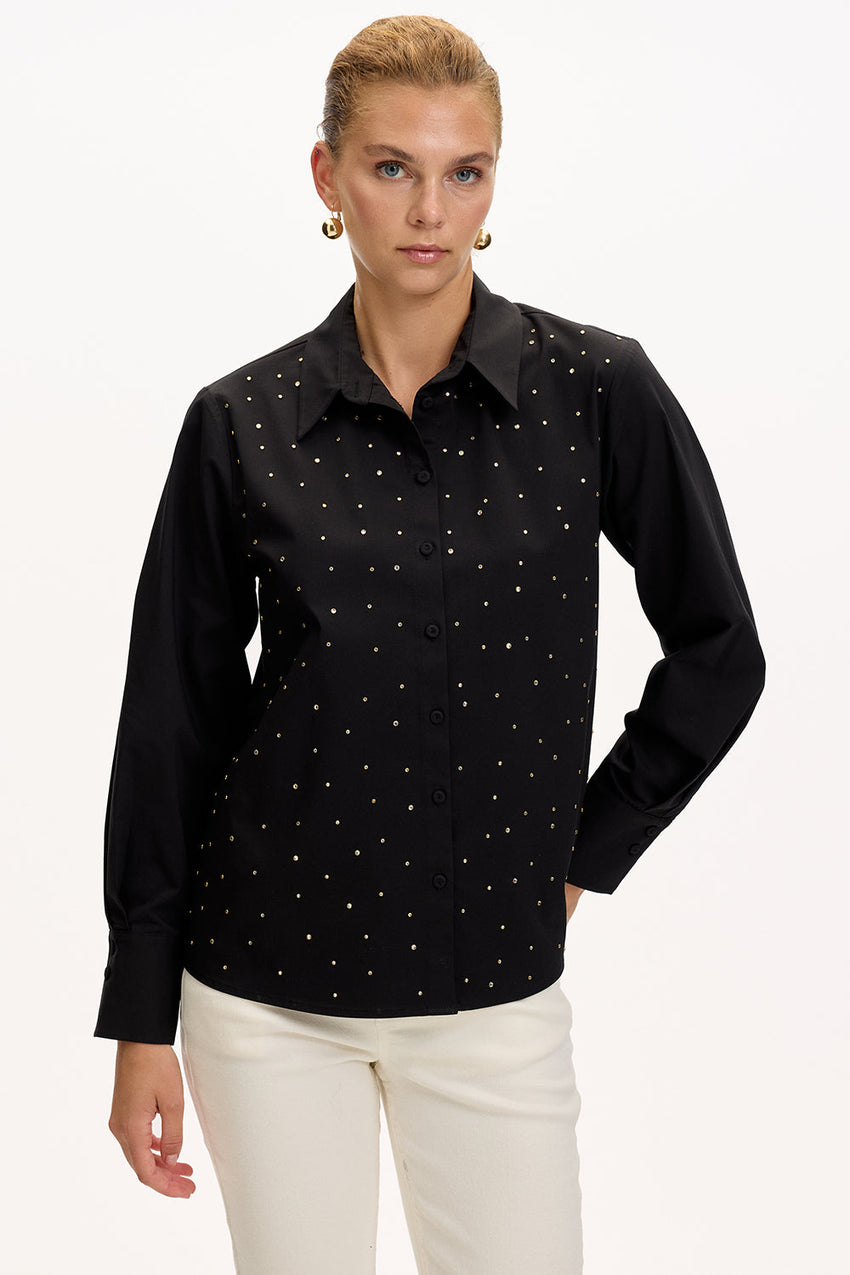 Black Regular Fit Plaid Shirt with Long Sleeves and Stone Details