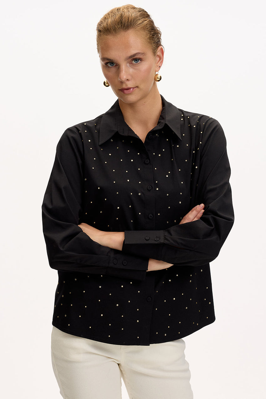 Black Regular Fit Plaid Shirt with Long Sleeves and Stone Details