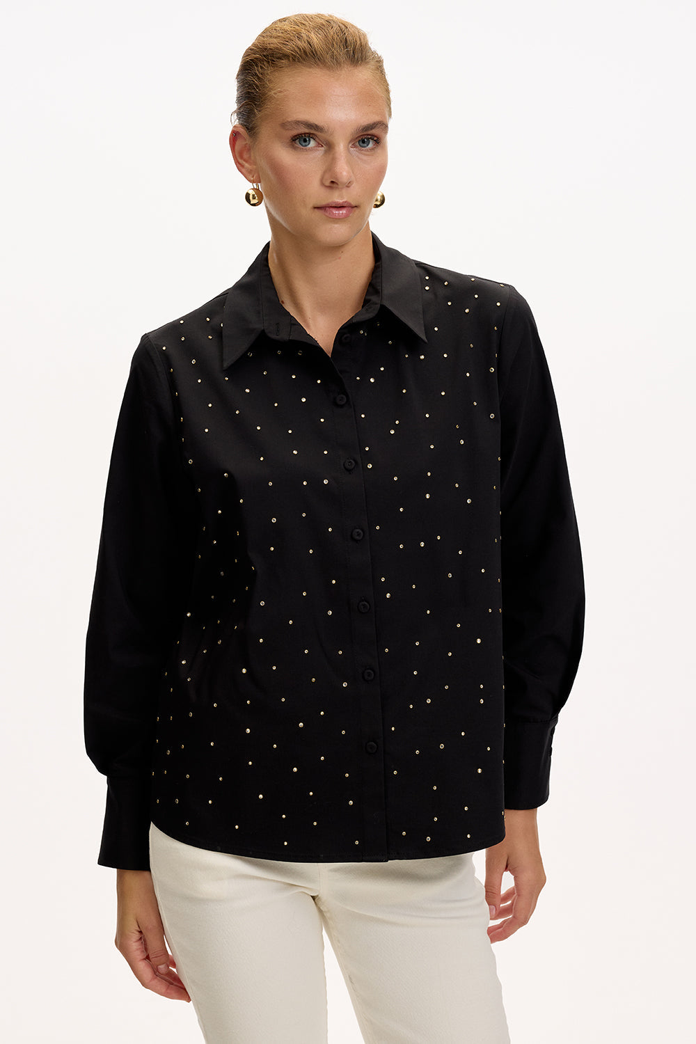 Black Regular Fit Plaid Shirt with Long Sleeves and Stone Details