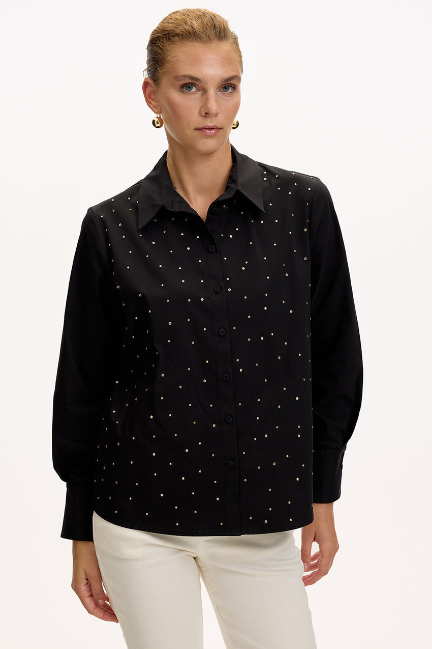Black Regular Fit Plaid Shirt with Long Sleeves and Stone Details