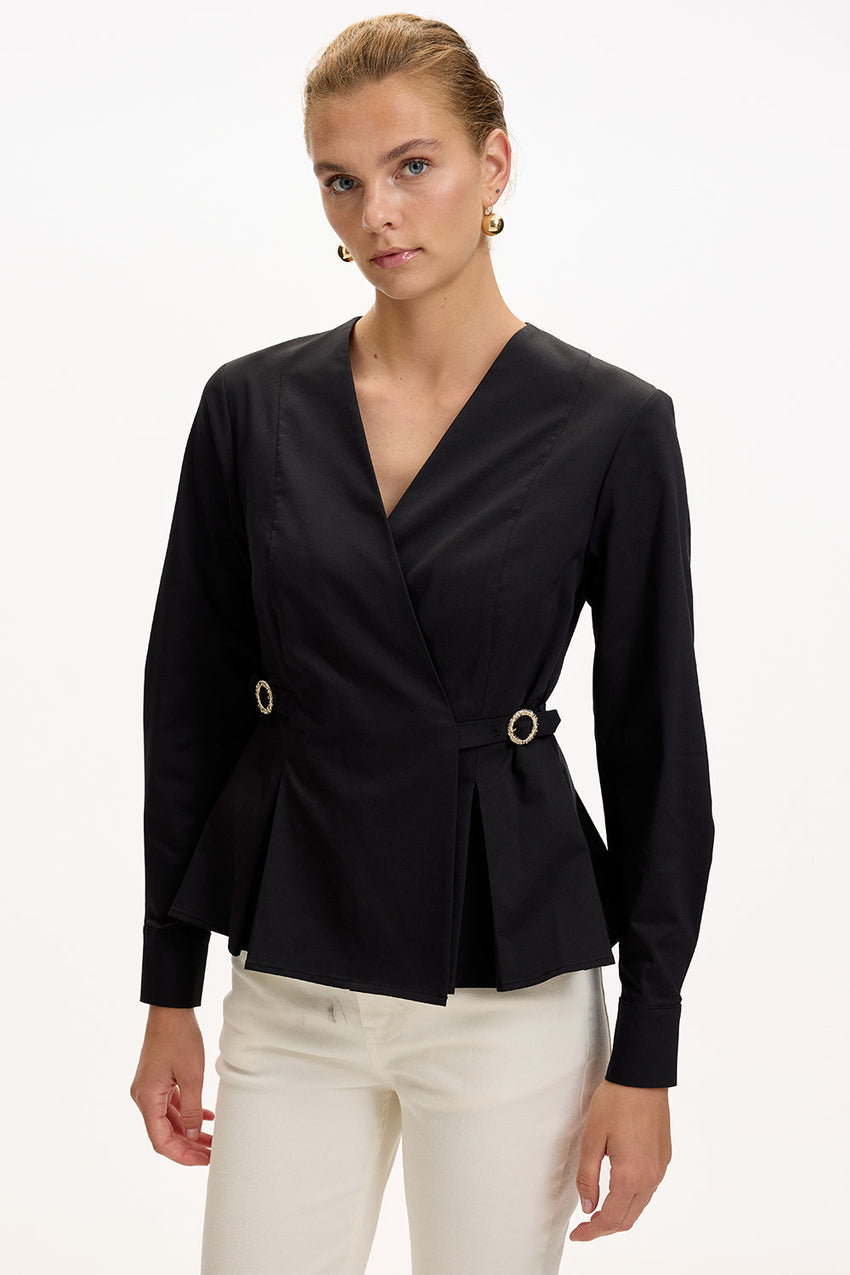 Black Slim Fit Shirt with Long Sleeves and Wrap Collar