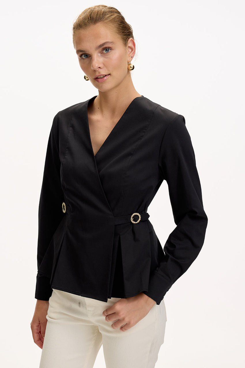 Black Slim Fit Shirt with Long Sleeves and Wrap Collar
